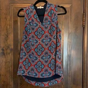 Red/Navy patterned sleeveless blouse